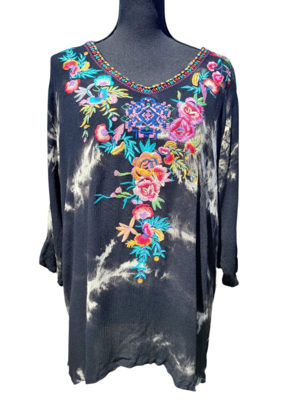 Calessa Black Embroidered Whimsigoth Flowy V Neck Tunic Blouse Women's Size XL